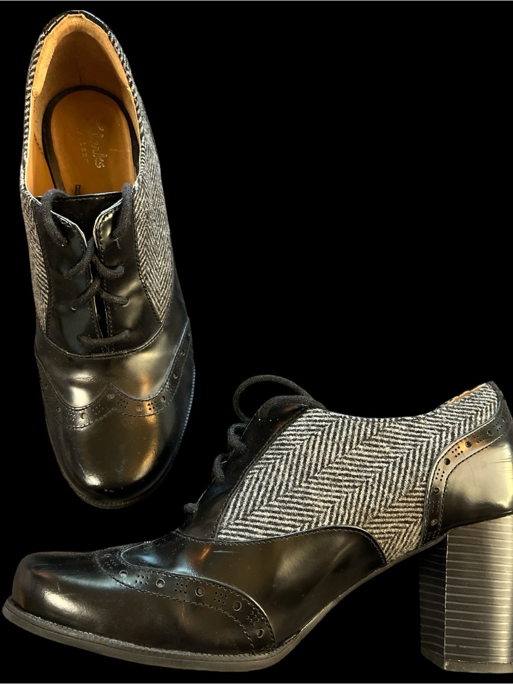 Clarks Black Leather & Gray Herringbone Heeled Oxford Boots Ladies 9.5